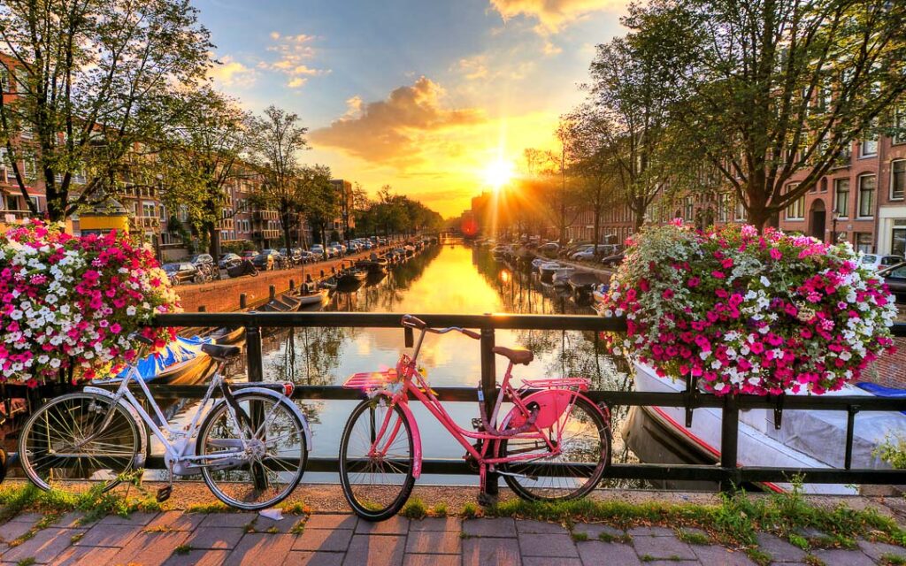 Beautiful sunrise over Amsterdam, The Netherlands, with flowers